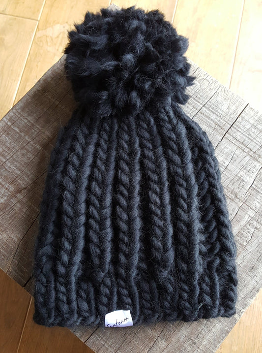 Seafoam Chunky Wool Beanie Bobble Hat Black Peruvian Highland Wool