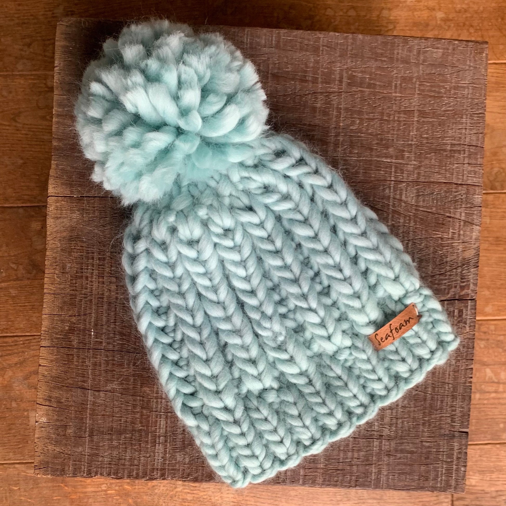 Seafoam Signature Beanie Chunky Bobble Hat Peruvian Highland Wool Made in wales